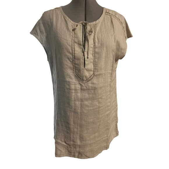 Ellen Tracy Sleeveless Linen Crochet Trim Tunic Top Sandstone Color Size M - Picture 1 of 8